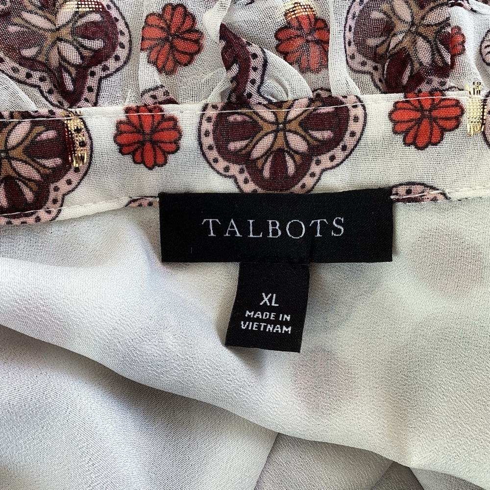 Talbots Flowy Red / White/ Damask Print Ruffle Neck Faux Button Tie Blouse XL - Picture 7 of 9